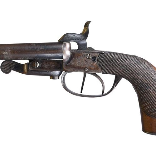 Null An English .42 calibre double barreled pinfire pistol, rifled barrels 3.8 i&hellip;