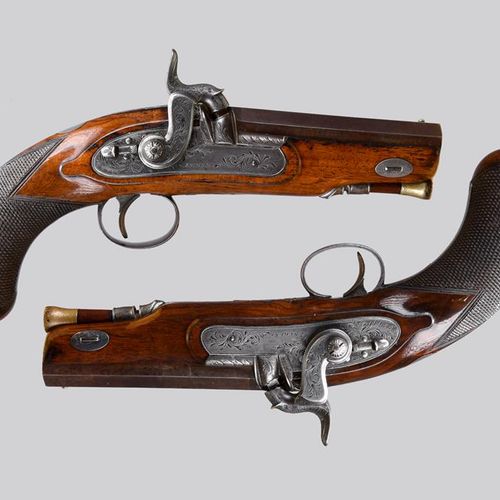 Null A cased pair of English 39 bore percussion travelling pistols by Sykes of O&hellip;