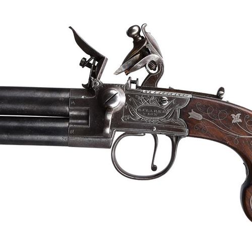 Null An English double barreled tap action 62 bore flintlock pistol, superposed &hellip;