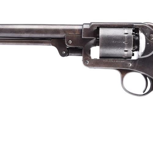 Null 一把美国Starr Arms 1863型打击式左轮手枪，圆形枪管8英寸，铰链式枪架上印有专利细节，六发弹筒，枪头上有瞄准槽和棋盘式枪刺，单片式胡桃木握&hellip;