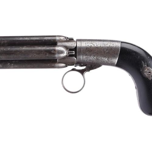 Null 一把19世纪的比利时四管 "胡椒盒 "左轮手枪，岔开的枪管2.5英寸，Liege控制标志，雕刻的钢制行动，Mariette专利的锤下行动，带有环形扳机&hellip;