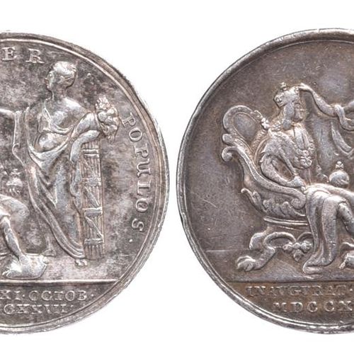 Null 两枚乔治时期的纪念奖章。乔治一世：1714年登基，AR，34毫米，右装甲半身像，背面是国王加冕的不列颠（E 470），很好；乔治二世：1727年加冕，&hellip;