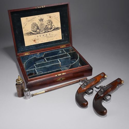 Null A cased pair of English 39 bore percussion travelling pistols by Sykes of O&hellip;