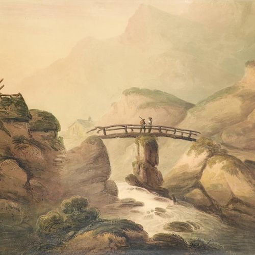 Null 
Seguace di Francis Nicholson, Paesaggio fluviale con figure su un ponte, p&hellip;