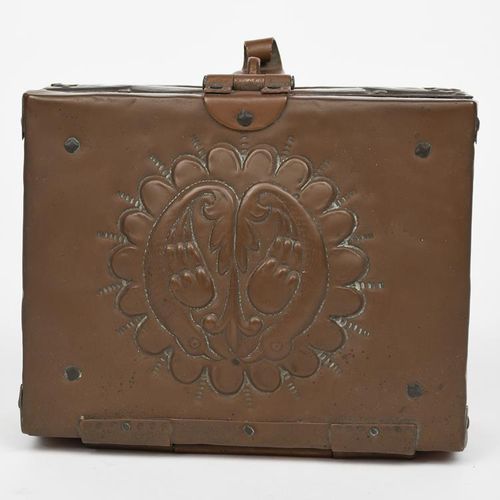 Null A John Pearson repousse copper casket, dated 1900, rectangular form, with h&hellip;