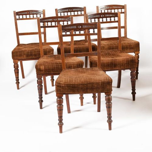 Null A set of six Aesthetic Movement walnut chairs, with turned legs and bobbin &hellip;