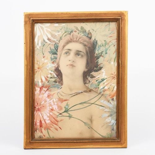 Null H-施密特女孩的头和肩膀的纸上水彩画，有框架，"被抛弃的Merchild "是马修-阿诺德的水彩画，还有一幅油画风景，画有单字，背面有标题的纸标签，3&hellip;