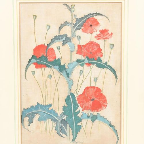 Null 
‡ Alfred Powell (1865-1960) Coquelicots rouges peinture sur soie signée Al&hellip;