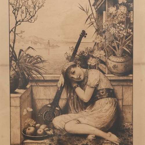 Null 威廉-斯蒂芬-科尔曼(1829-1904)，一个拿着西塔琴的女孩的肖像，纸上干点蚀刻画，装裱后在印刷品上签名W-S-科尔曼，40.5 x 28.5厘米&hellip;
