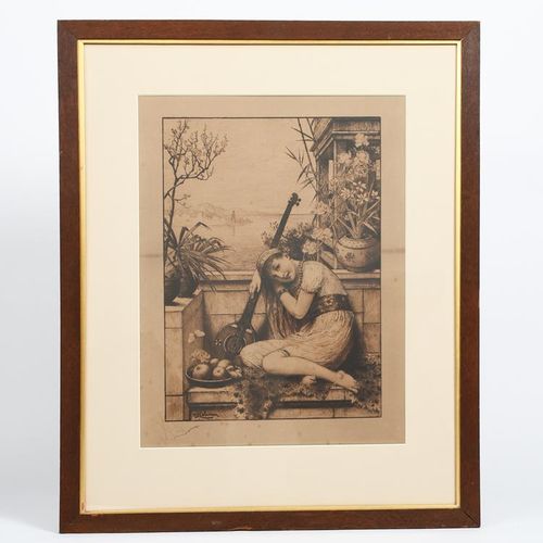 Null 威廉-斯蒂芬-科尔曼(1829-1904)，一个拿着西塔琴的女孩的肖像，纸上干点蚀刻画，装裱后在印刷品上签名W-S-科尔曼，40.5 x 28.5厘米&hellip;