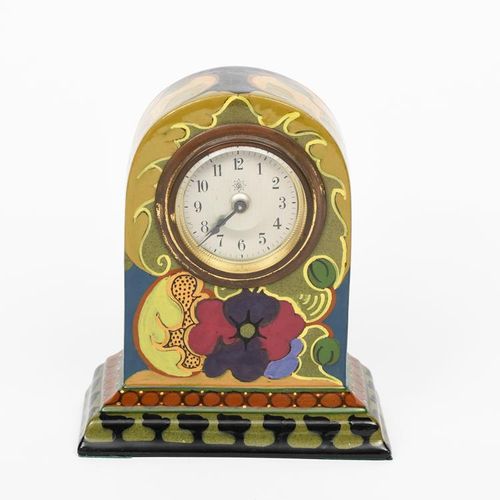 Null A Gouda Pottery Ivora mantel clock, domed rectangular form on stepped base,&hellip;