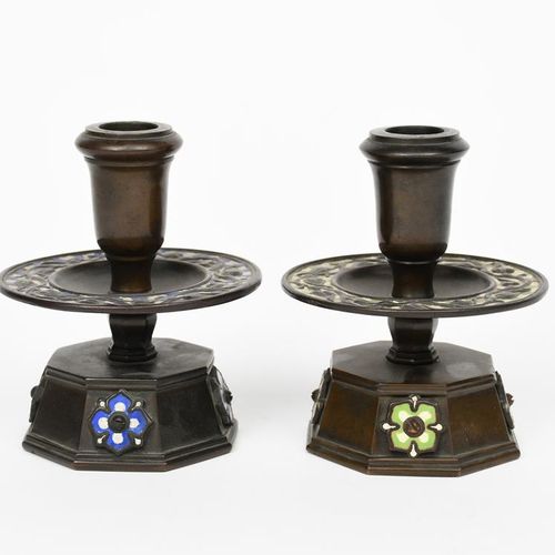 Null A pair of enamelled bronze candlesticks, tapering octagonal bases each set &hellip;