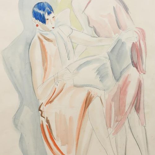 Null 
‡ Dorte Clara Dodo Burgner (1907-1998) 纸上水彩画《蓝发女士》，装裱后无签名 44 x 29.5厘米(图)