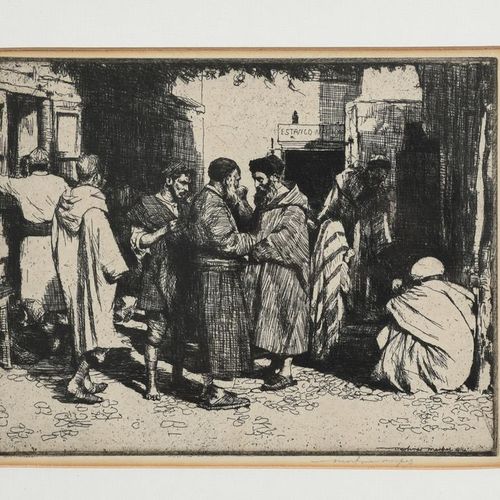 Null 莫蒂默-门普斯（1855-1938）《女人肖像》，纸上蚀刻画，带框，铅笔签名的 "中东场景 "和 "约克公爵台阶 "27.3 x 17.5厘米（主图）&hellip;
