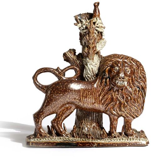 Null RARE LION À DOS PLAT EN POTERIE SALÉE EN PIERRE BRUNE DE L'ART FOLK, PROBAB&hellip;