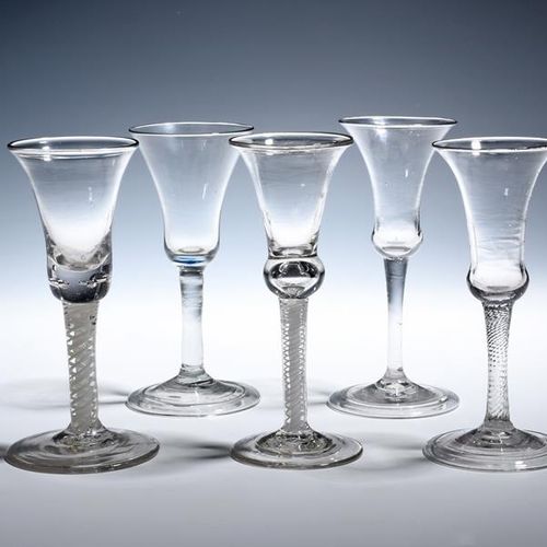 Null Five Continental wine glasses mid 18th century, with bell bowls, two raised&hellip;