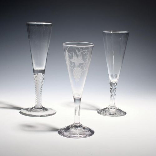 Null Three ale glasses or flutes c.1760-70, one with drawn trumpet bowl engraved&hellip;
