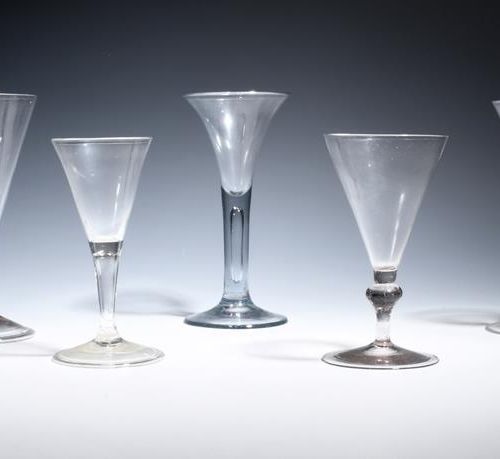 Null Five soda wine glasses c.1750-60, four with drawn trumpet bowls over plain &hellip;