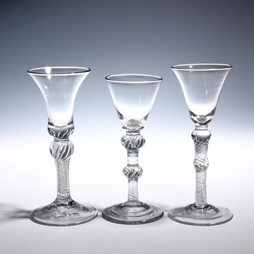 Null Three wine glasses c.1760, with round funnel or bell bowls, two raised on a&hellip;