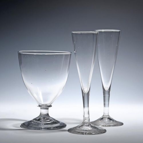 Null A pair of tall ale flutes c.1780, the slender drawn trumpet bowls rising fr&hellip;
