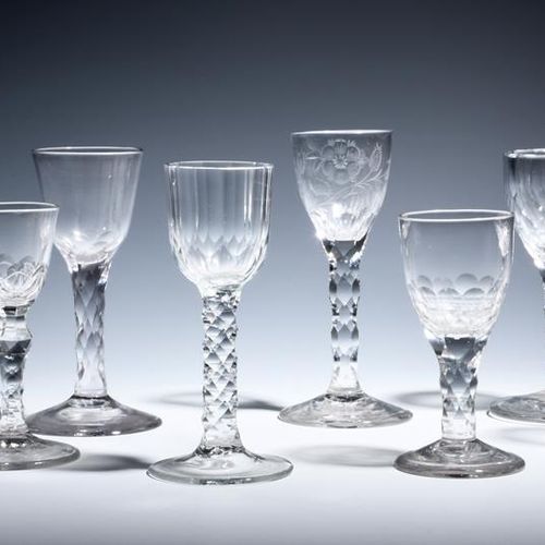 Null Seven small wine glasses c.1770-80, one engraved with a rose spray, another&hellip;
