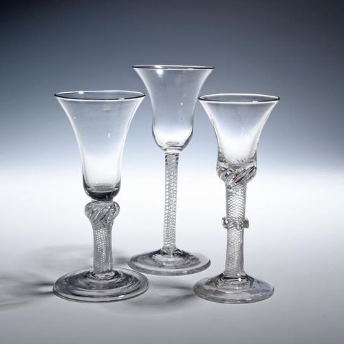 Null Three wine glasses c.1750-60, with bell bowls, one raised on a dense airtwi&hellip;