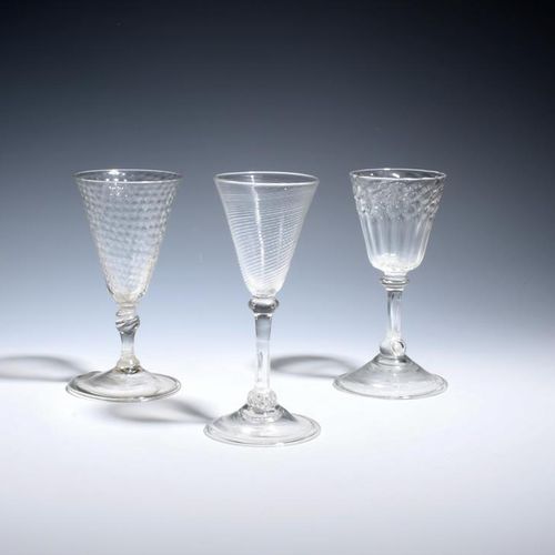 Null Three Continental balustroid wine glasses c.1750-60, one with a dimple moul&hellip;
