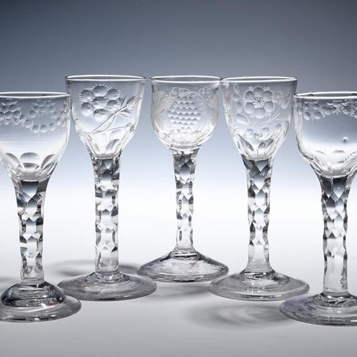 Null Five small wine glasses c.1760-70, a near pair with ogee bowls engraved wit&hellip;