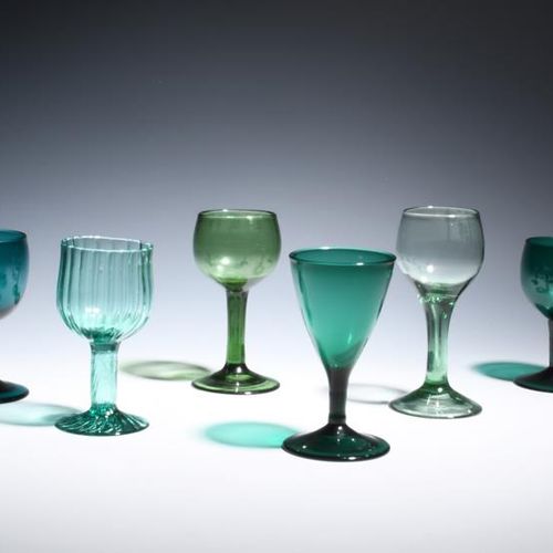 Null Six green wine glasses c.1760-80, of varying shade, with cup bowls over pla&hellip;