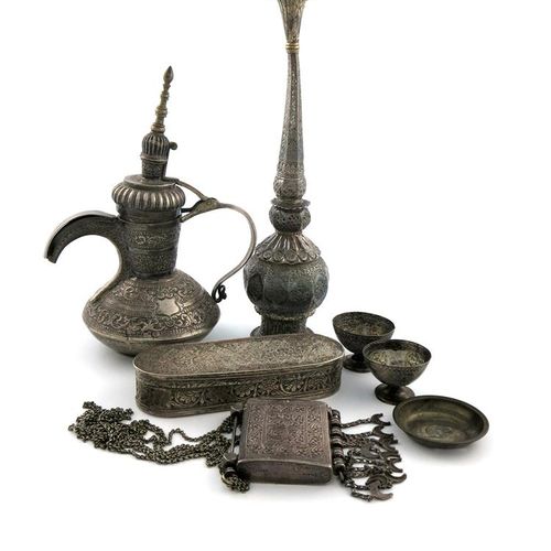 Null A collection of Persian and Middle Eastern silver and metal ware, comprisin&hellip;