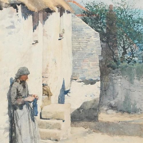 Null Walter Langley RI (1852-1922) 街景，一个女人站在小屋外 签名：WLangley (左下) 铅笔和水彩画 35.1 x 2&hellip;