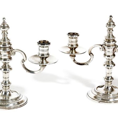 Null A PAIR OF GEORGE V SILVER DWARF TWIN-LIGHT CANDELABRA BY R. COMYNS, LONDON,&hellip;