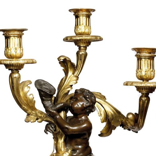 Null LIONEL DE ROTHSCHILD男爵烛台"，一对法国路易十六时期的奥莫卢和花纹青铜雕像烛台，仿照PHILLIPPE CAFFIERI的模型，1&hellip;