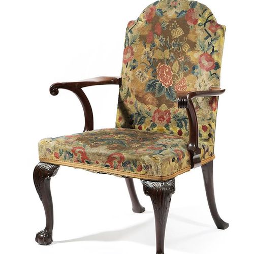 Null A MAHOGANY OPEN ARMCHAIR IN GEORGE II STYLE MID-19TH CENTURY with floral gr&hellip;