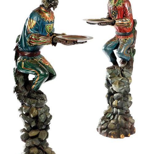 Null A PAIR OF ITALIAN CARVED AND PAINTED MONKEY WAITERS VENETIAN, MID-19TH CENT&hellip;