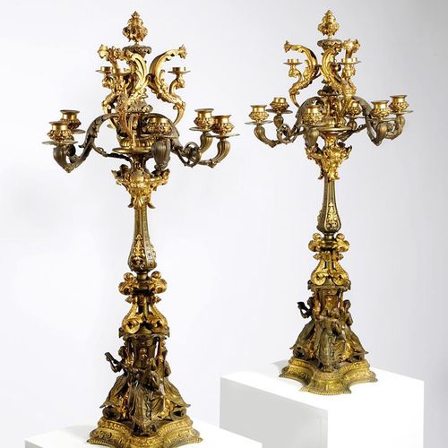 Null A PAIR OF FRENCH GILT AND PATINATED BRONZE NINE-LIGHT CANDELABRA LATE 19TH &hellip;