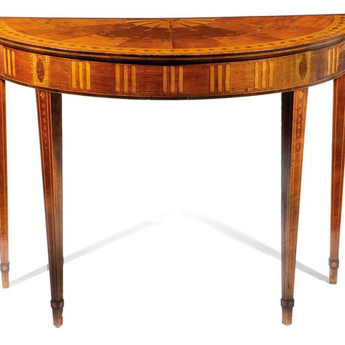 Null A GEORGE III HAREWOOD AND MARQUETRY DEMI-LUNE CONSOLE TABLE IN THE MANNER O&hellip;