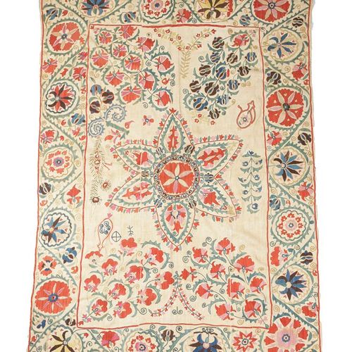 Null AN UZBEK SUZANI CENTRAL ASIA, 19TH CENTURY woven in panels and joined on a &hellip;