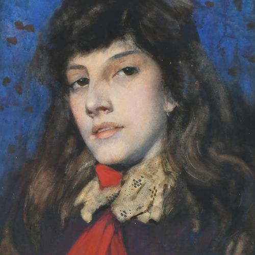 Null George Henry RA (1858-1943) 戴着红领巾的少女头像 签名并注明GEORGE HENRY/1888（右上方） 水彩和体彩 39&hellip;