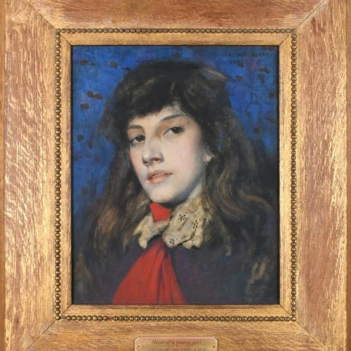 Null George Henry RA (1858-1943) Head of a young girl wearing a red scarf Signed&hellip;