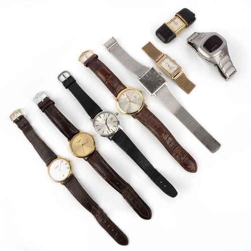 Null 七块绅士腕表和一块旅行表，包括：一块9克拉劳力士腕表，表盘2.2 x 1.6厘米，编号为52217和1936，有瑞士化验标记；一块欧米茄的不锈钢腕表，&hellip;