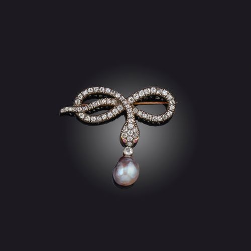 Null Broche en perles et diamants, 19e siècle, en forme de serpent stylisé serti&hellip;