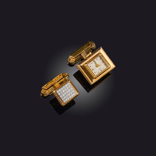 Null UTI一对黄金手表袖扣，一个镶嵌长方形手表，手动上发条，长方形黄金环，另一个镶嵌黄金和铂金小圆形切割钻石、 
19毫米和13毫米，表壳