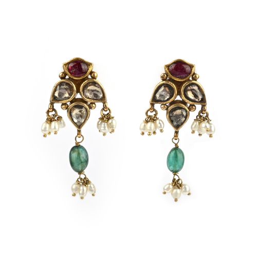 Null A pair of gem-set, pearl and diamond earrings, India, each composed of a cl&hellip;