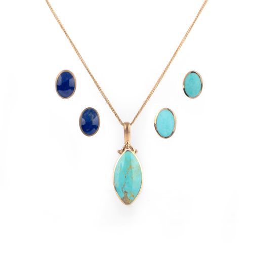 Null A turquoise and lapis lazuli pendant and two pairs of earrings, comprising:&hellip;