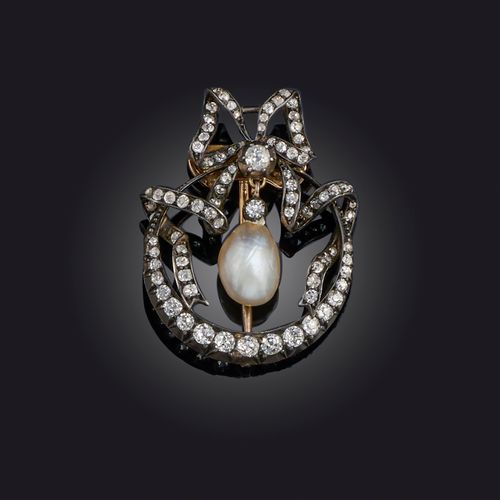 Null Broche en perles naturelles et diamants de la fin du 19e siècle, centrée su&hellip;