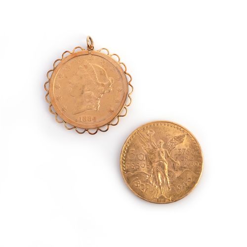 Null Two gold coins, comprising: a Mexican 50 peso coin dated 1946, 
3.6cm diame&hellip;