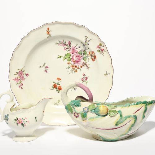 Null A Chelsea sauceboat and a plate, c.1755, the sauceboat formed of overlappin&hellip;