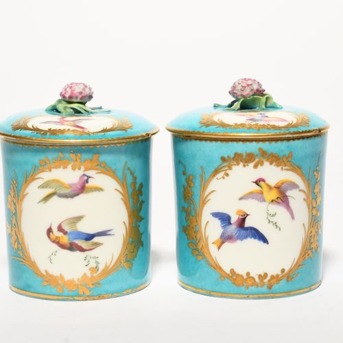 Null A pair of Sèvres toilet pots (pots à pomade) and covers, c.1760, later deco&hellip;