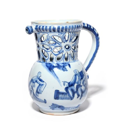 Null An unusual Delft puzzle jug, 18th century, the globular body painted in blu&hellip;